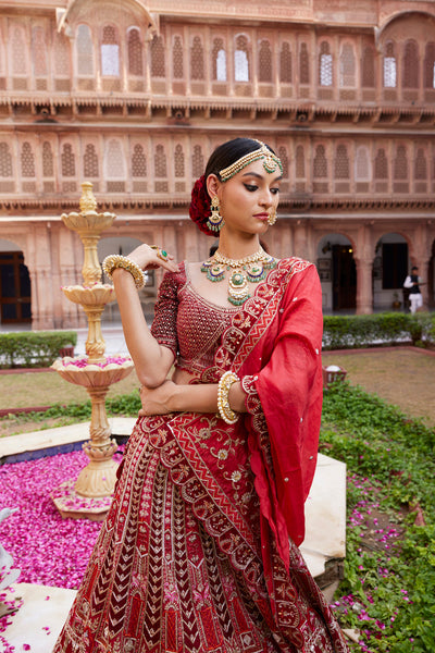 "Aashi" Red Hand Embroidered Bridal Lehenga Set