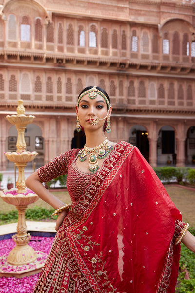 "Aashi" Red Hand Embroidered Bridal Lehenga Set