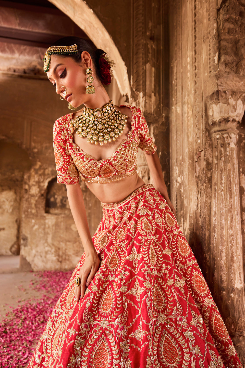 "Agasthi" Red Raw Silk Zardosi Embroidered Double Layer Bridal Lehenga Set