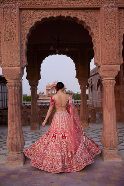 "Anamika" Coral Zardosi Hand Embroidered Bridal Lehenga Set