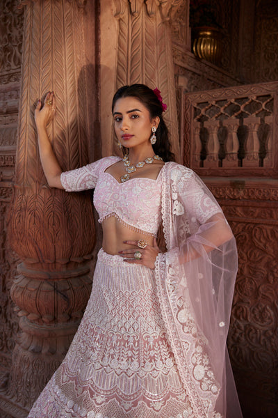 "Arya" Blush Pink And Ivory Resham Kashmiri Embroidered Lehenga Set