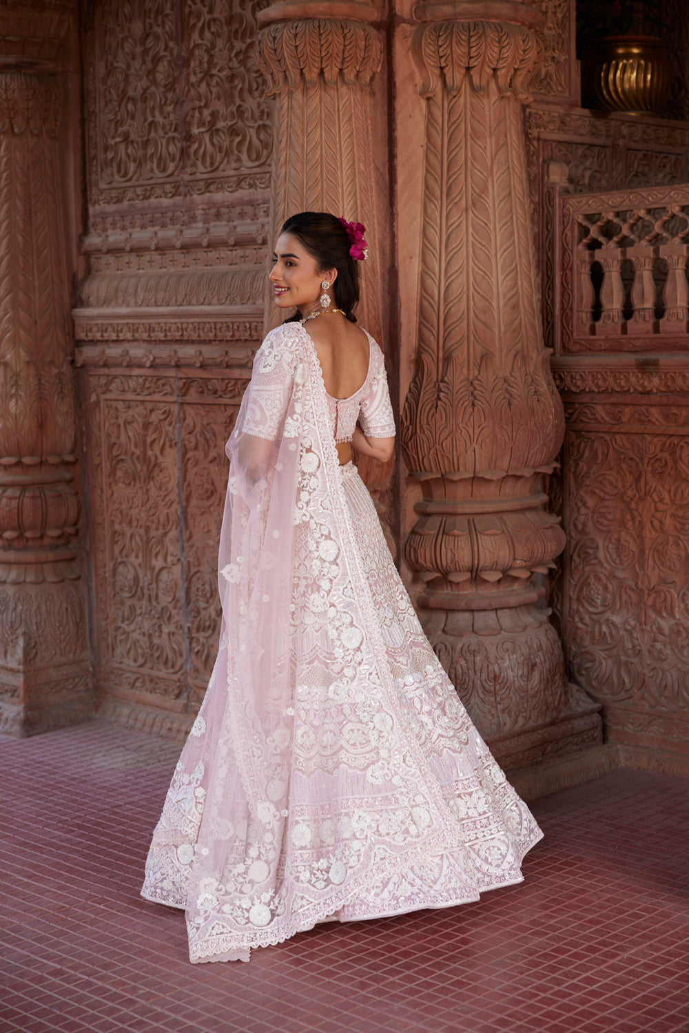 "Arya" Blush Pink And Ivory Resham Kashmiri Embroidered Lehenga Set