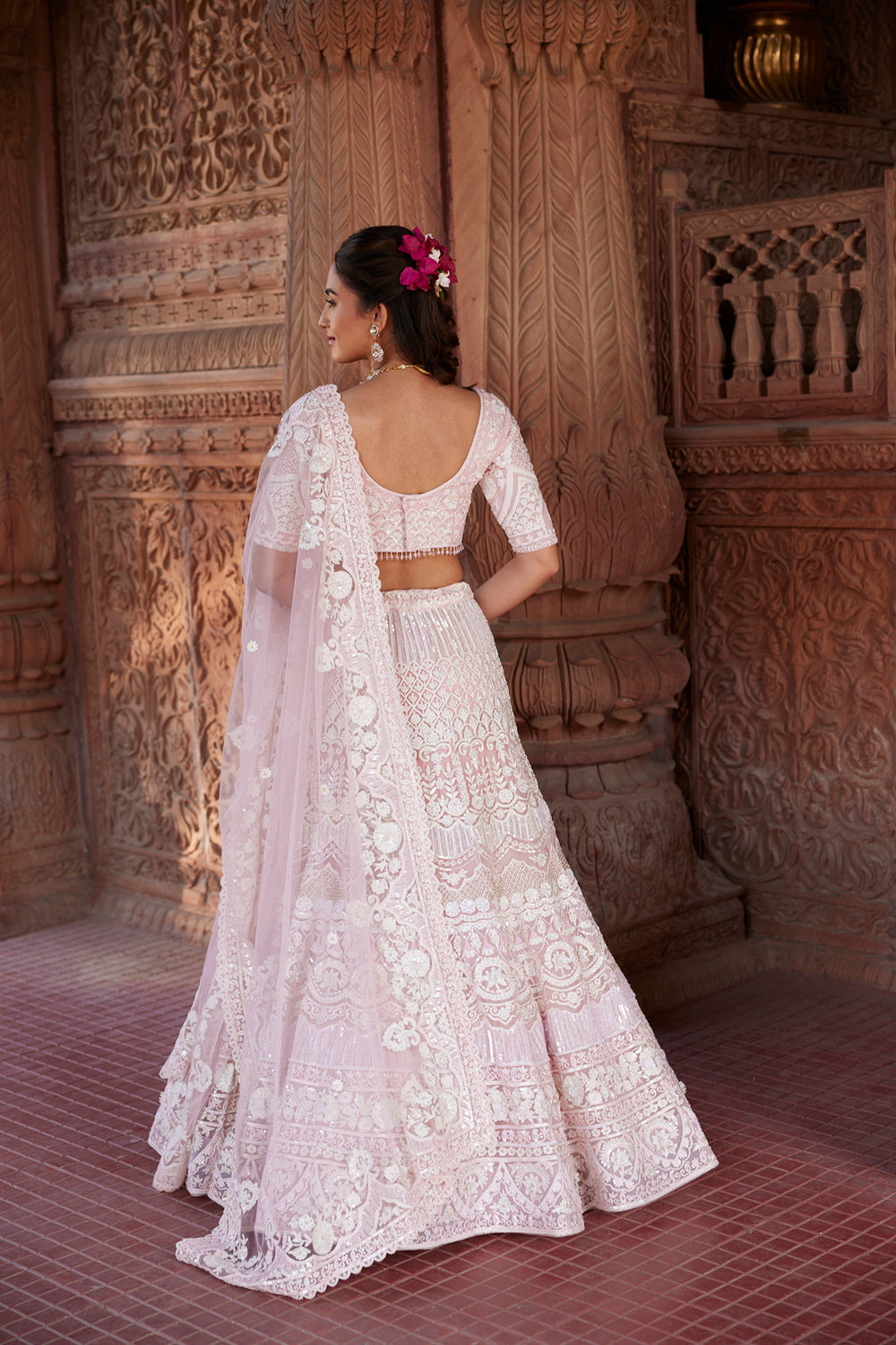 "Arya" Blush Pink And Ivory Resham Kashmiri Embroidered Lehenga Set