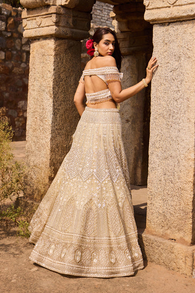 "Celine" Silver Golden Hand Embroidered Lehenga Set With Offshoulder Blouse