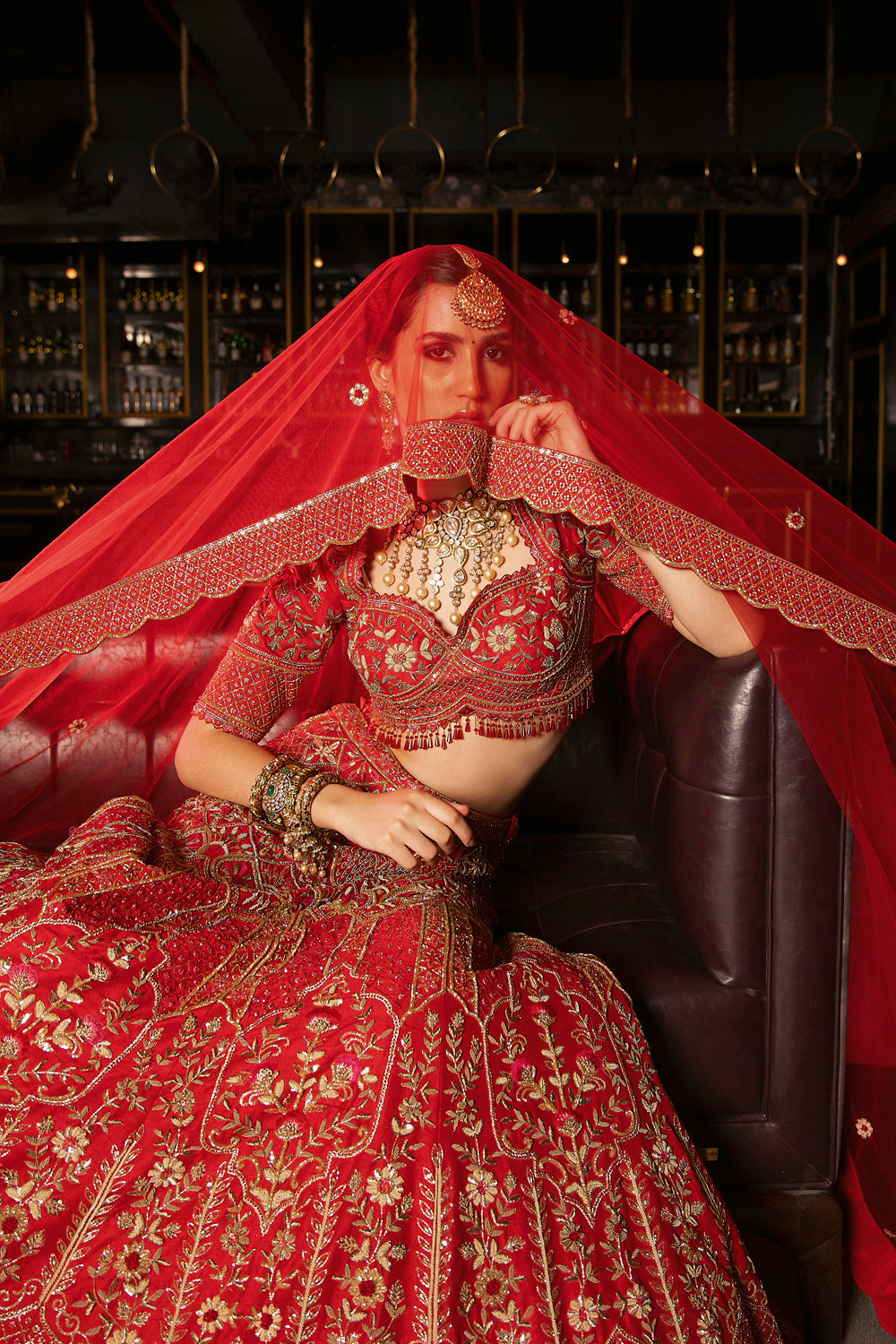 "Charlotte" Red Raw Silk Zardosi Embroidered Bridal Lehenga Set