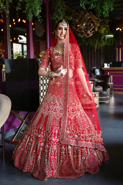 "Charlotte" Red Raw Silk Zardosi Embroidered Bridal Lehenga Set