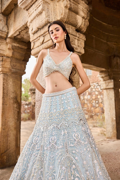 "Elisa" Pearl Work Blue Hand Embroidered Lehenga Set With Feathered Cape