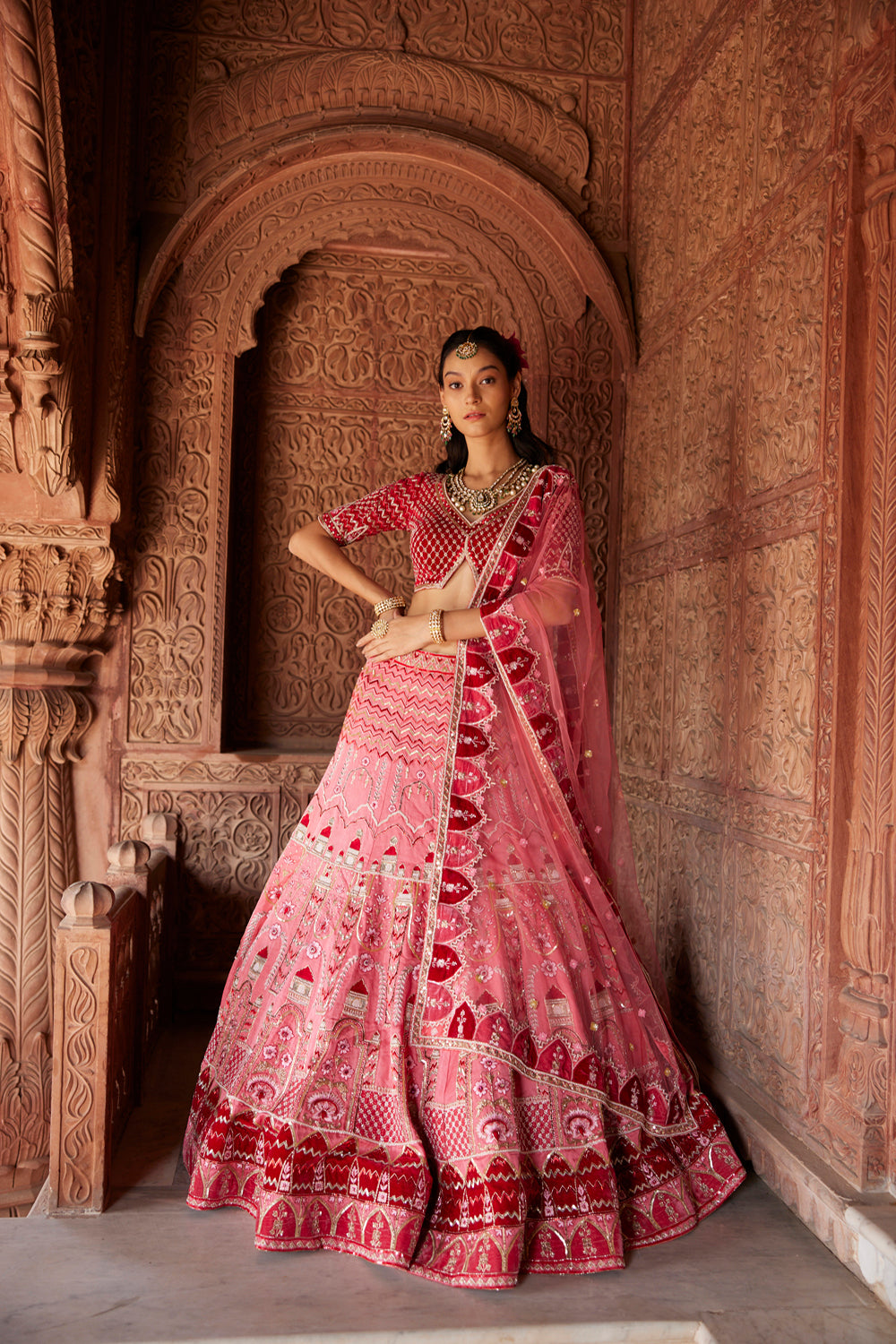 "Enice" Pink And Red Hand Embroidered Lehenga Set