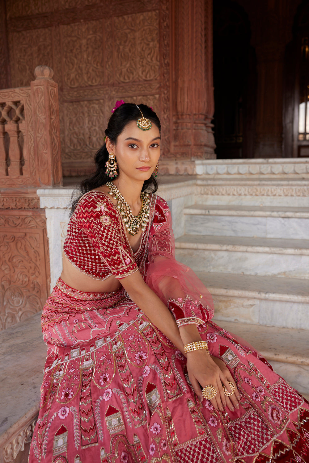 "Enice" Pink And Red Hand Embroidered Lehenga Set