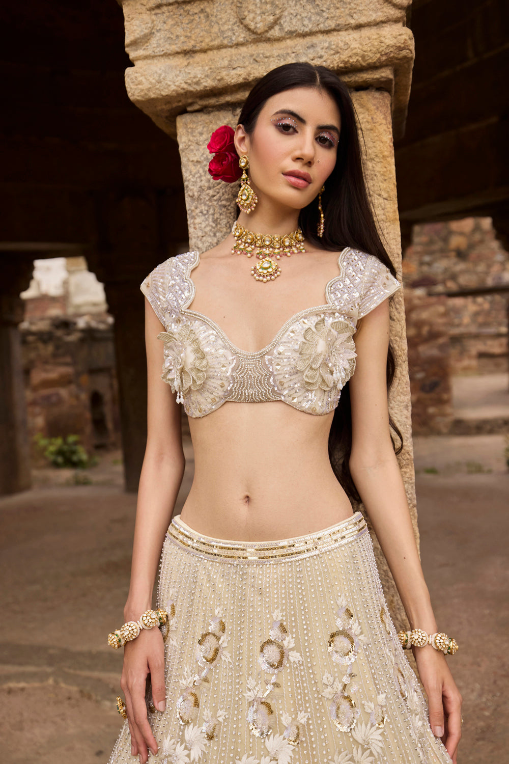 "Gaia" Golden & Ivory Resham Hand Embroidered Lehenga Set