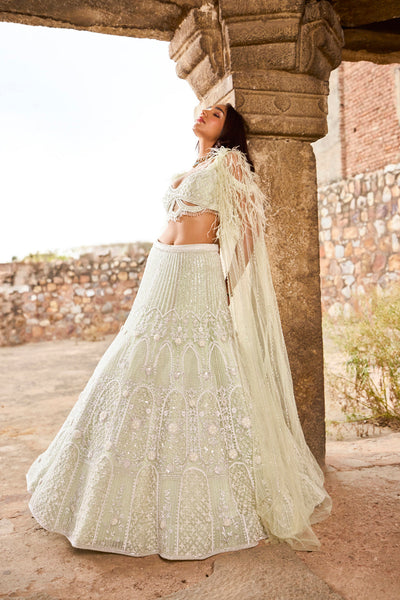 "Inaya" Pearl Work Pastel Green Hand Embroidered Lehenga Set With Feathered Cape