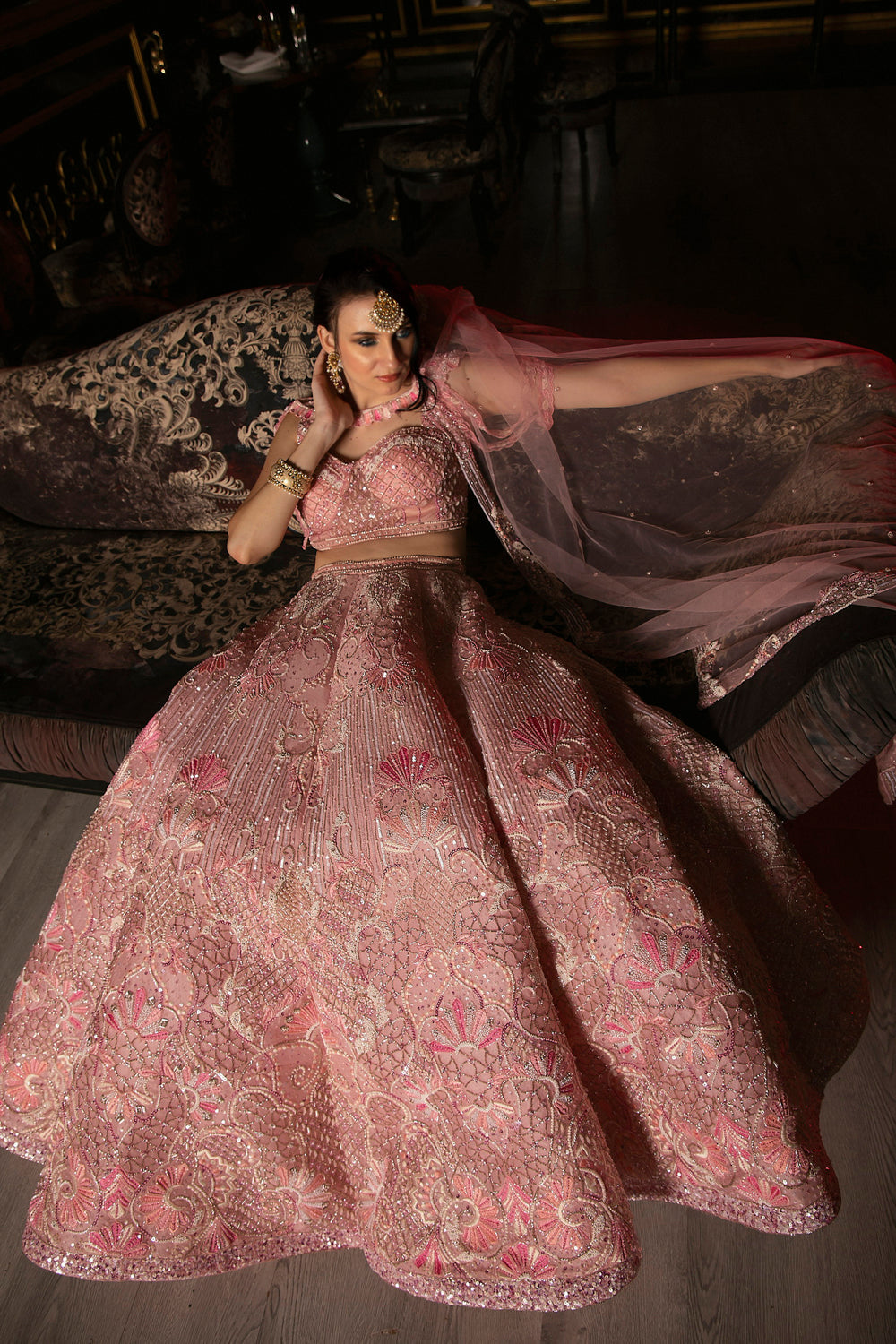 "Juliet" Pink Hand Embroidered Lehenga Set With Cape