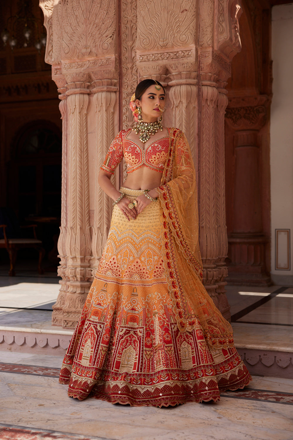 "Kesari" Shades Of Orange Ombre Bridal Lehenga Set