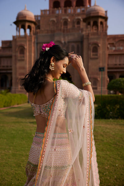 "Meenakari" Pastel Pink And Sea Green Hand Embroidered Lehenga Set