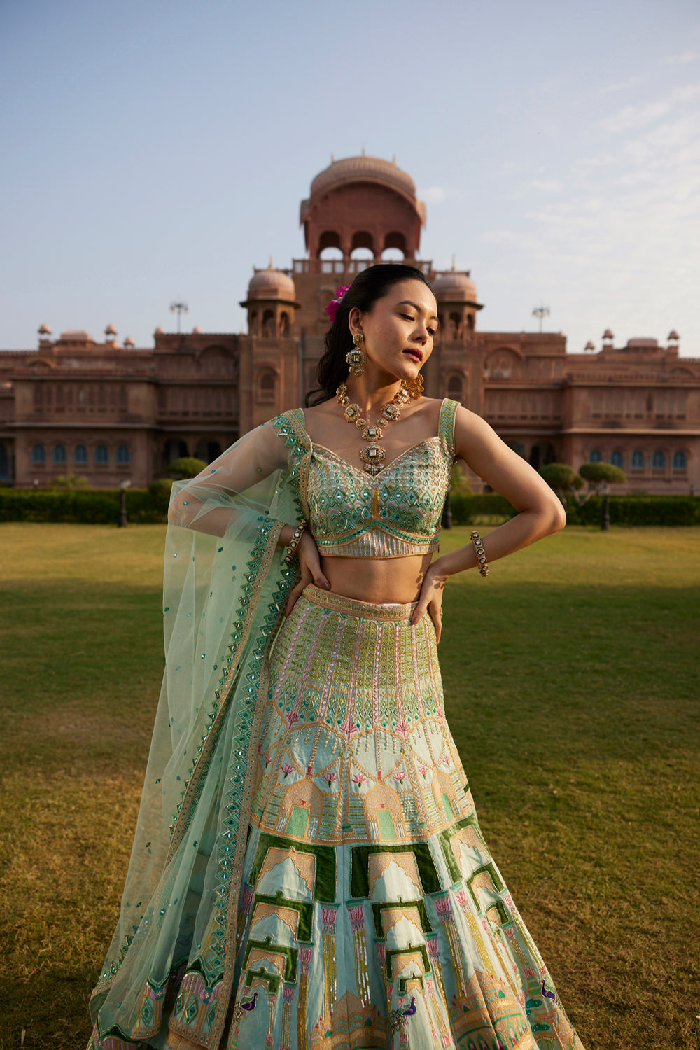 "Morni" Pastel Green Hand Embroidered Peacock Motifs Lehenga Set