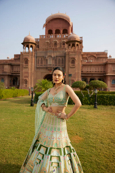 "Morni" Pastel Green Hand Embroidered Peacock Motifs Lehenga Set