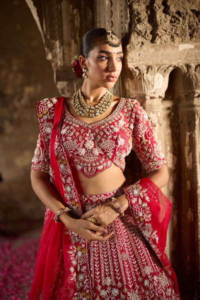 "Naira" Red Raw Silk Hand Embroidered Lehenga Set