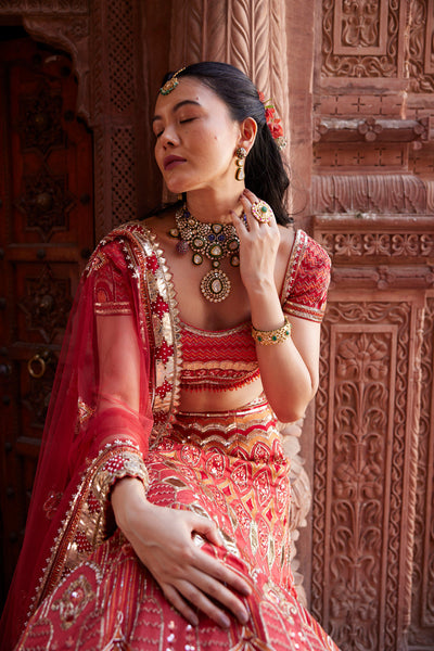 "Randhra" Coral Hand Embroidered Lehenga Set