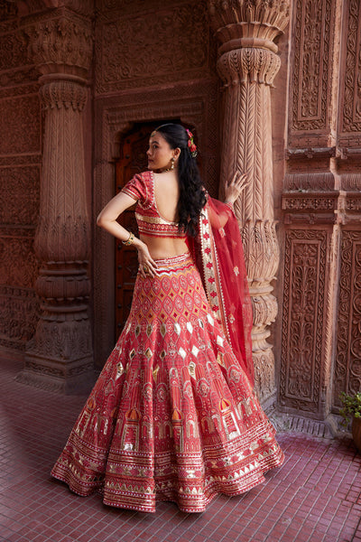 "Randhra" Coral Hand Embroidered Lehenga Set