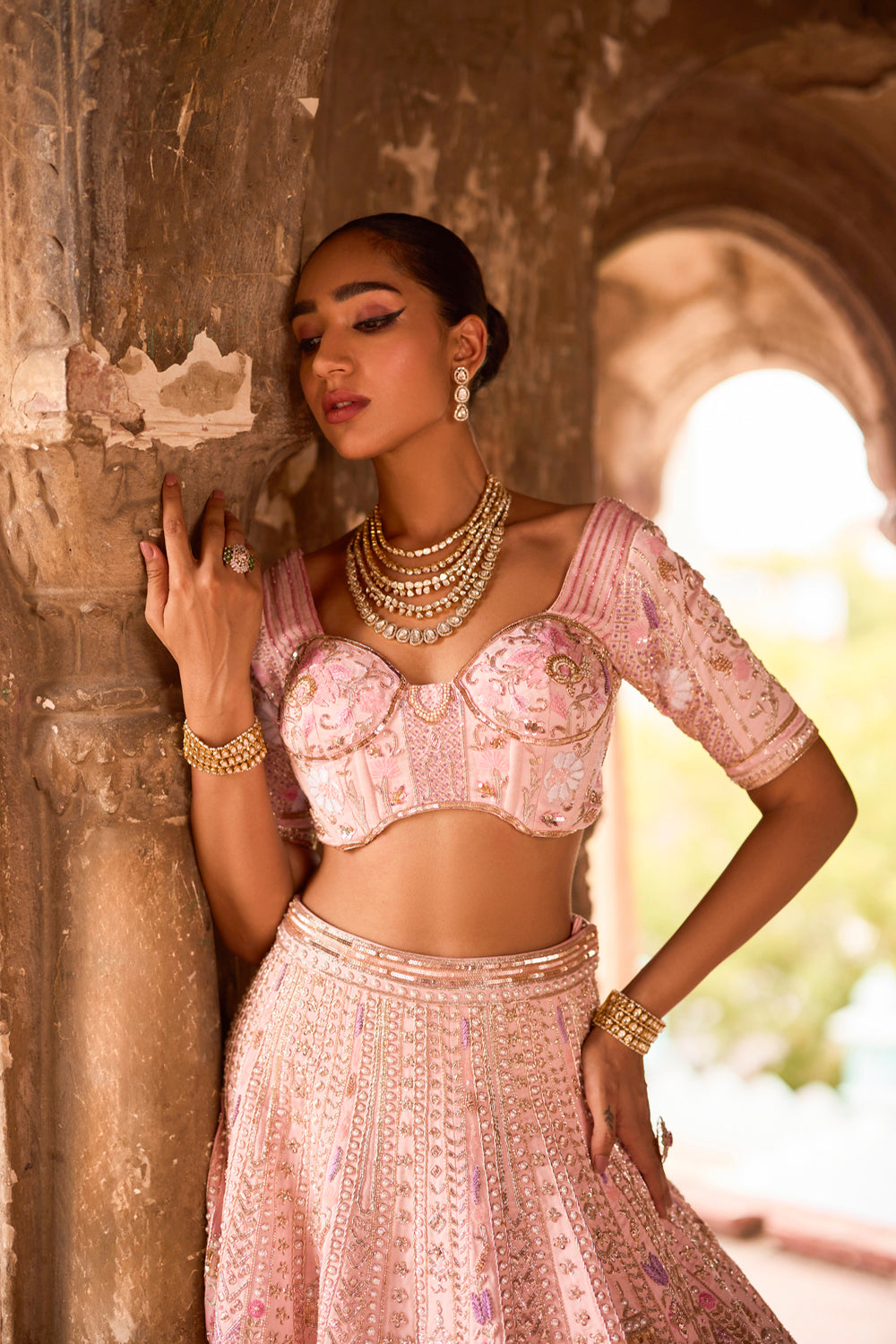 "Saasha" Pink Lotus And Elephant Motif Zardosi Bridal Lehenga Set