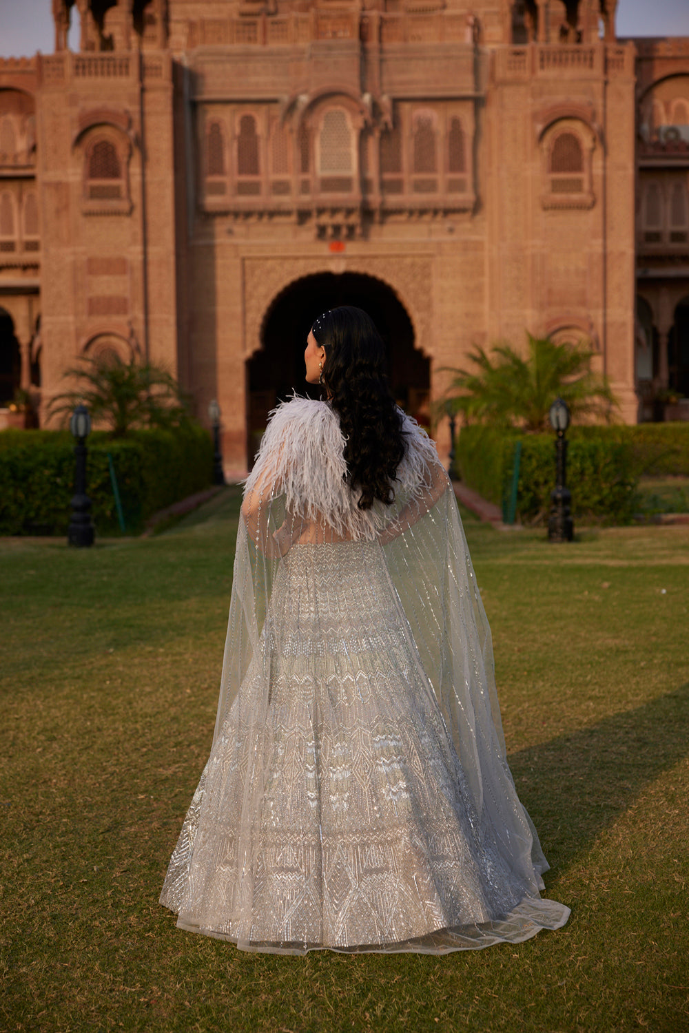 "Seher" Silver Grey Metallic Sequin & Crystal Beads Hand Embroidered Lehenga Set With Cape