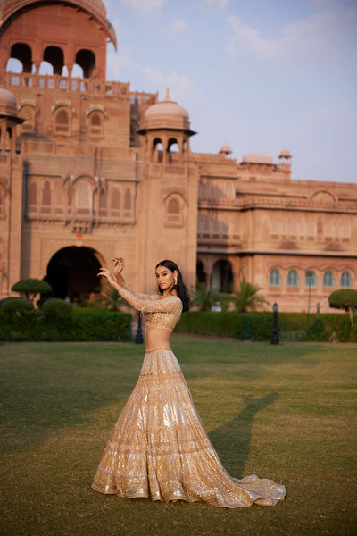 "Tamanna" Sequin Embellished Lehenga Set With Trail Behind